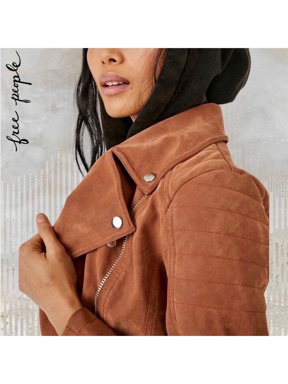 FREE PEOPLE NWT Harriett Moto-Style Brown Vegan Suede, Black Hood Jacket/Md - Picture 6 of 16